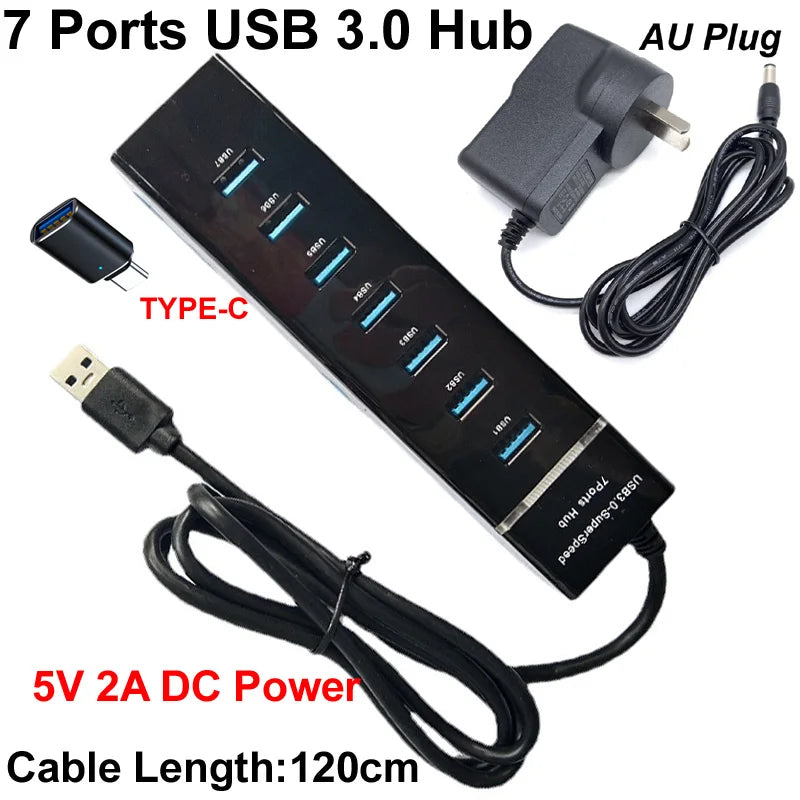 3IN1 120CM 7 Ports USB 3.0 Hub Splitter High Speed Multi Adapter Expander Cable +5V 2A AC DC POWER + USB TO TYPE-C 3.1PLUG