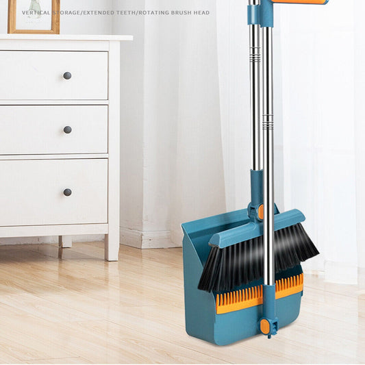 Orange 3in1 Foldable Broom Dustpan & Squeegee Set With 180 Spend Rotating Head, Dustpan Comb Edge & Stainless Steel Handle For Versatile Home Cleaning