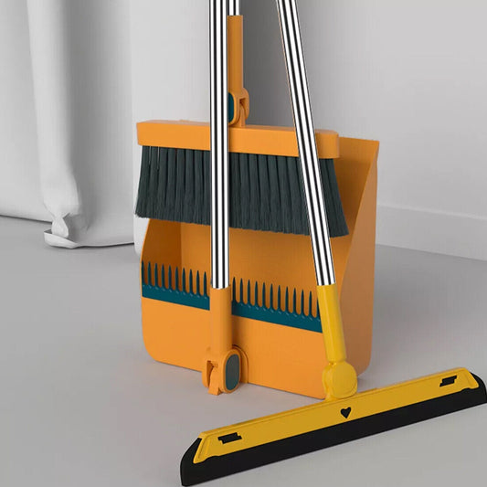 Orange 3in1 Foldable Broom Dustpan & Squeegee Set With 180 Spend Rotating Head, Dustpan Comb Edge & Stainless Steel Handle For Versatile Home Cleaning