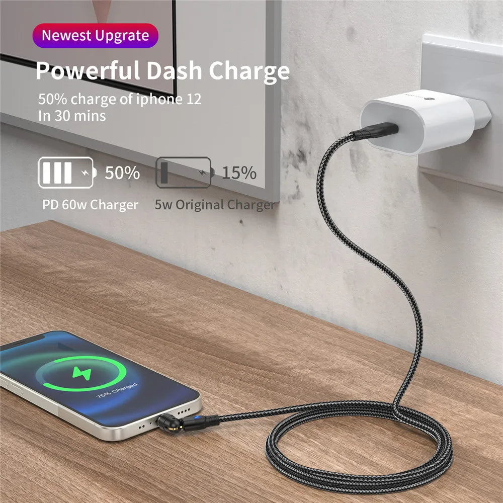 USLION 3 in 1 60W Magnetic Cable Quick Charge 4.0 USB C to Type C Cable PD Fast Charging For Samsung MacBook Data Charger Cable