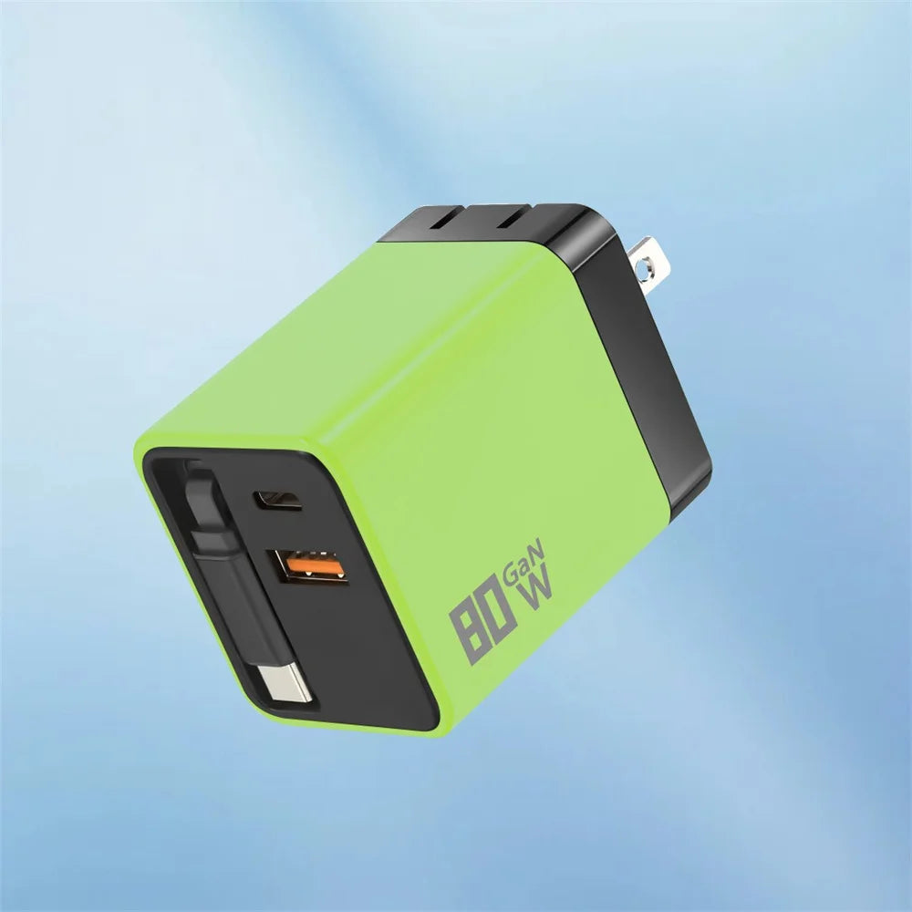 3 in 1 GaN USB Charger 80W Type C Fast Charging Phone Charge Adapter Type C Fast Charging Cable For iPhone Samsung Xiaomi Huawei