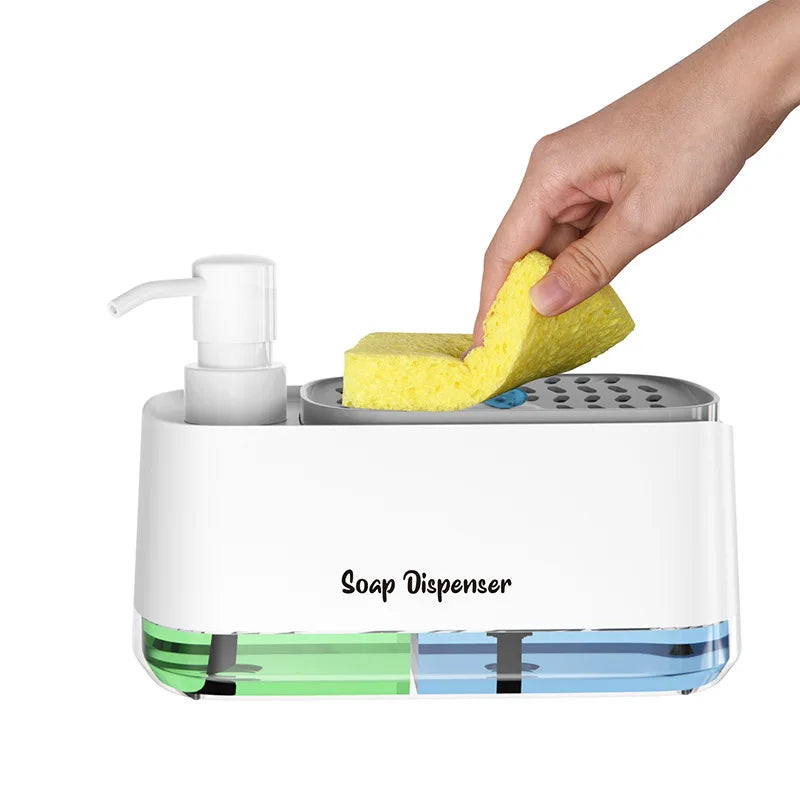 3-in-1 Hand And Dish Soap Dispenser Set with Sponge Holder Dual Countertop Kitchen Sink Soap Pump Organizer