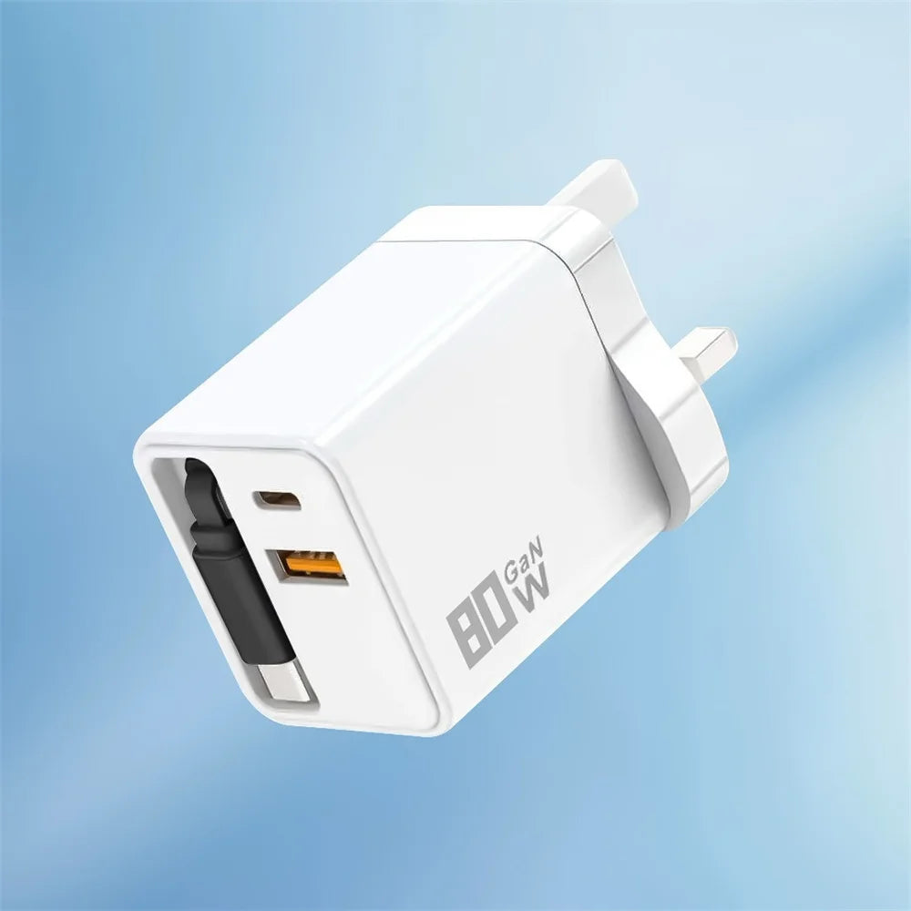 3 in 1 GaN USB Charger 80W Type C Fast Charging Phone Charge Adapter Type C Fast Charging Cable For iPhone Samsung Xiaomi Huawei