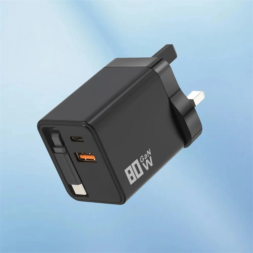 3 in 1 GaN USB Charger 80W Type C Fast Charging Phone Charge Adapter Type C Fast Charging Cable For iPhone Samsung Xiaomi Huawei