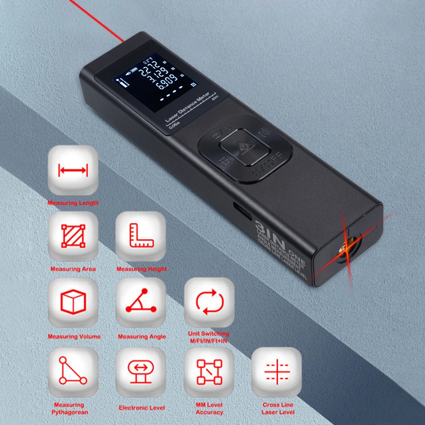 3in1 Laser Distance Meter Angle Measure Cross  Level Electric Angle Sensor with Backlit LCD Screen Distance, Area