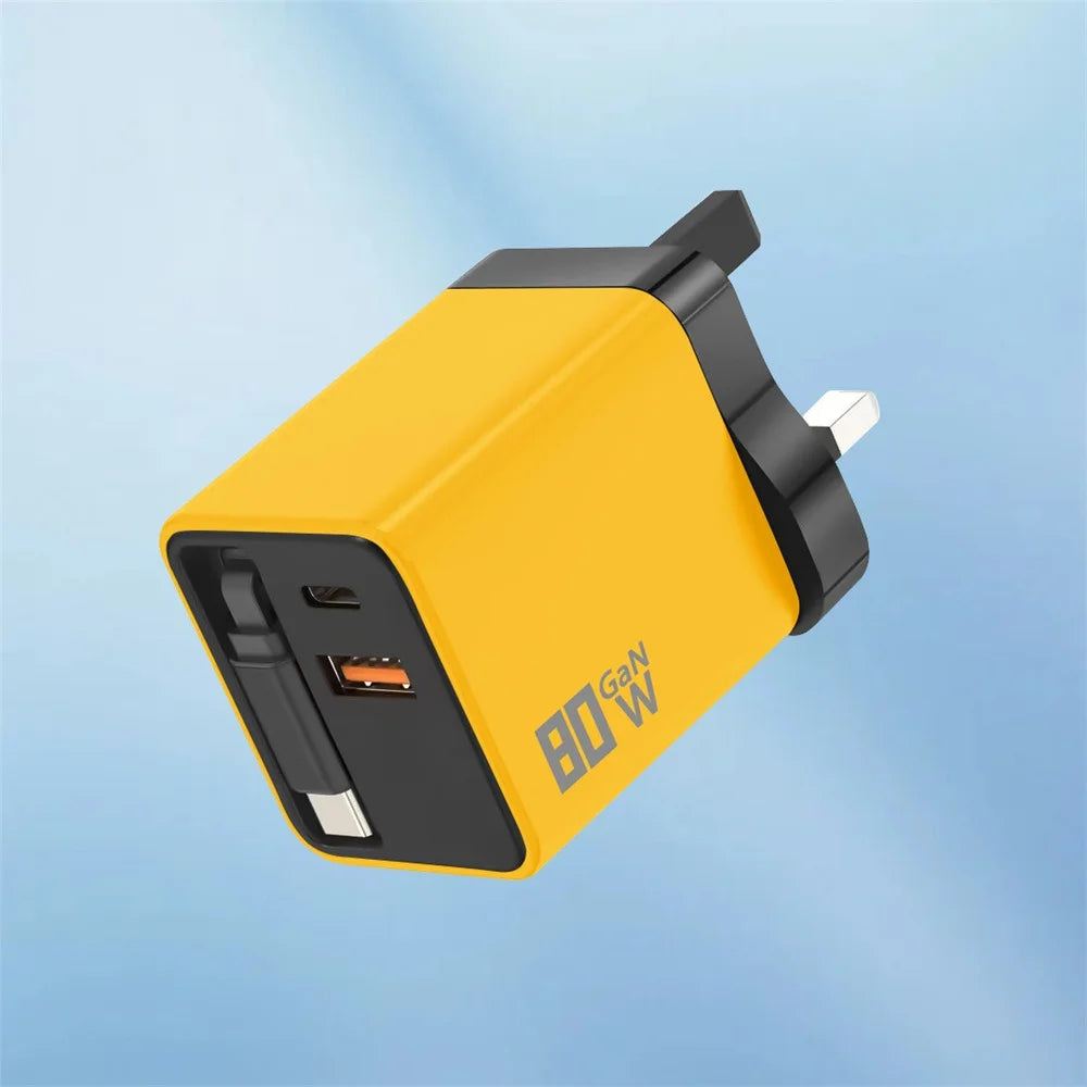 3 in 1 GaN USB Charger 80W Type C Fast Charging Phone Charge Adapter Type C Fast Charging Cable For iPhone Samsung Xiaomi Huawei