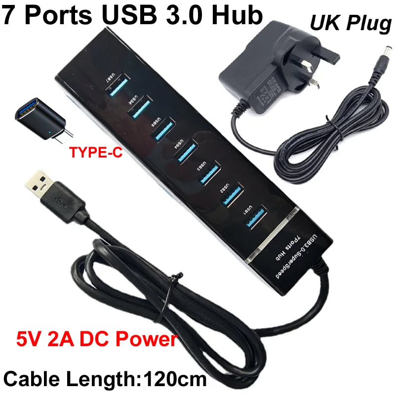 3IN1 120CM 7 Ports USB 3.0 Hub Splitter High Speed Multi Adapter Expander Cable +5V 2A AC DC POWER + USB TO TYPE-C 3.1PLUG