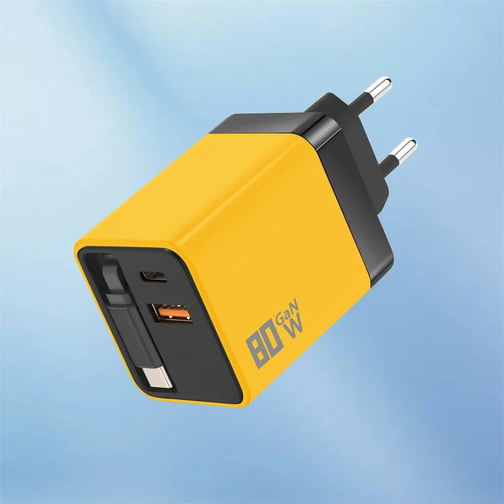 3 in 1 GaN USB Charger 80W Type C Fast Charging Phone Charge Adapter Type C Fast Charging Cable For iPhone Samsung Xiaomi Huawei