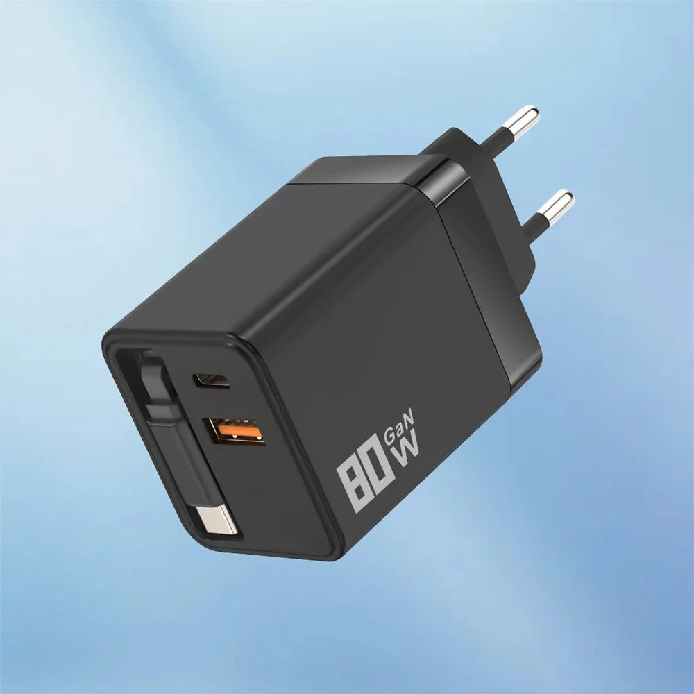 3 in 1 GaN USB Charger 80W Type C Fast Charging Phone Charge Adapter Type C Fast Charging Cable For iPhone Samsung Xiaomi Huawei