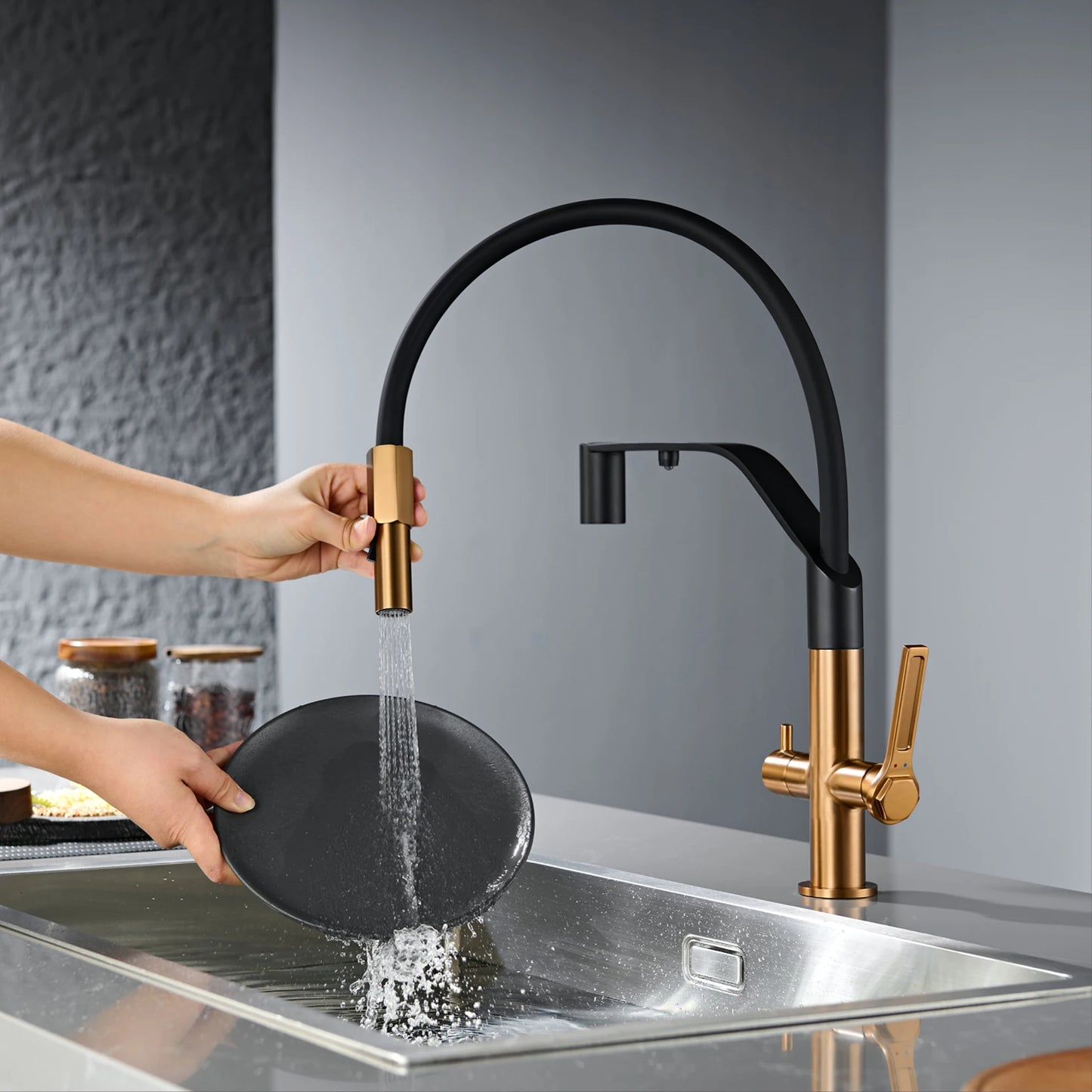 Modern Gun-Grey Stainless Steel 3-in-1 Kitchen Faucet with Filtered Water 1 Hole Double-Handle Mixer for Cold&Hot Water Sink Tap