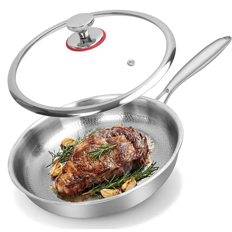 3-layer Stainless Steel Hammered Frying Pan Pro with Lid Professional Chef's pan with Ergonomic Handles Suitable for All Stove