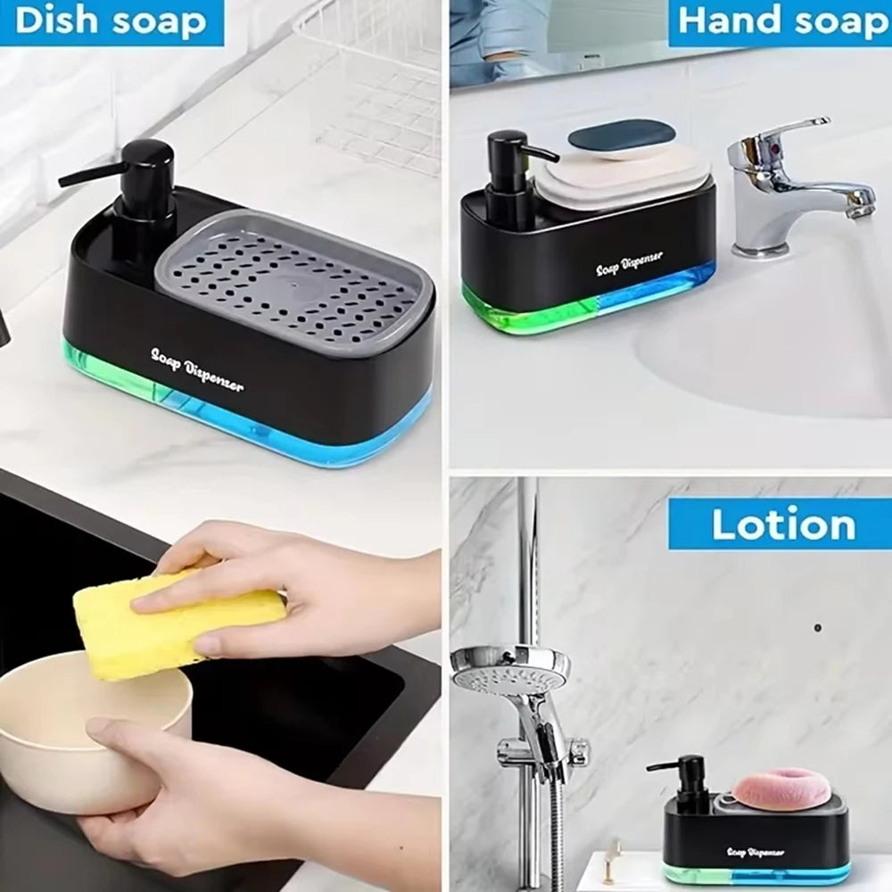 3-in-1 Hand And Dish Soap Dispenser Set with Sponge Holder Dual Countertop Kitchen Sink Soap Pump Organizer