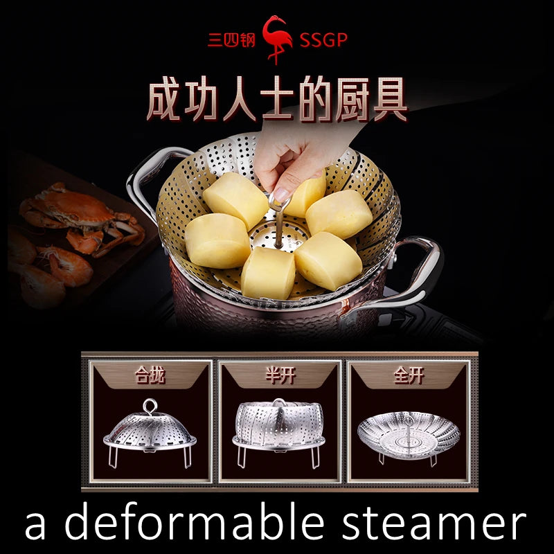 LFGB Certificate 304 Stainless Baozi Steamer Foldable Food Steaming Tray with 4cm Height Rack and 3mm Holes Detachable Handle