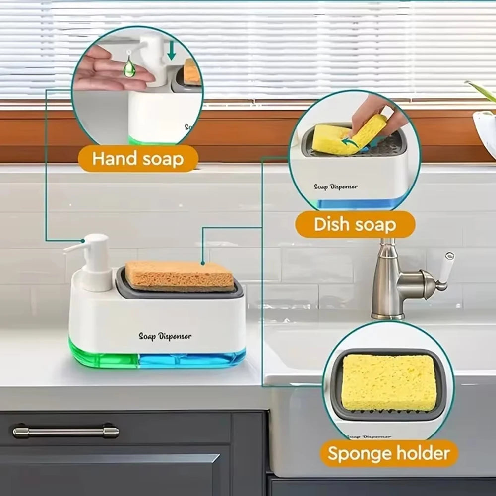 3-in-1 Hand And Dish Soap Dispenser Set with Sponge Holder Dual Countertop Kitchen Sink Soap Pump Organizer