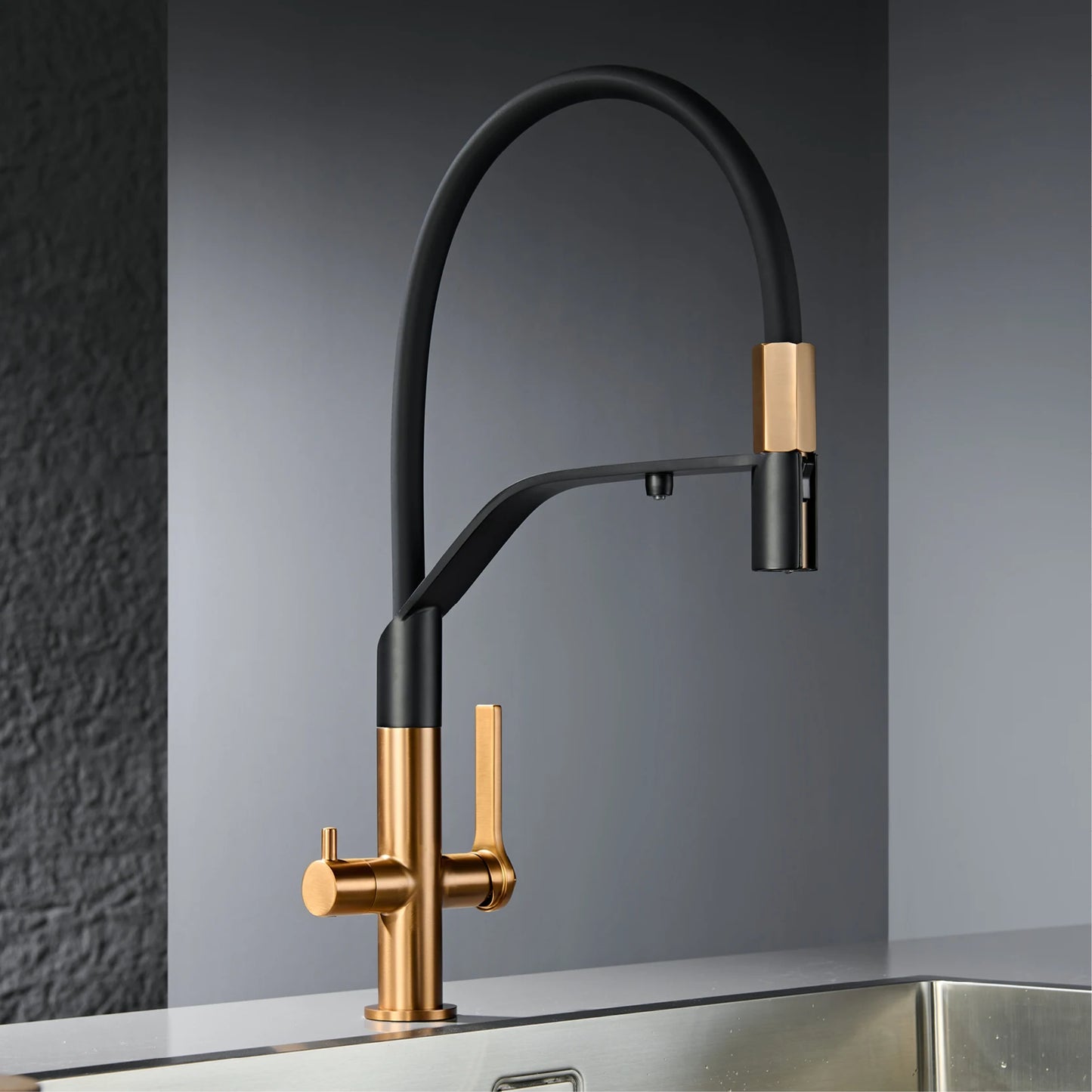 Modern Gun-Grey Stainless Steel 3-in-1 Kitchen Faucet with Filtered Water 1 Hole Double-Handle Mixer for Cold&Hot Water Sink Tap