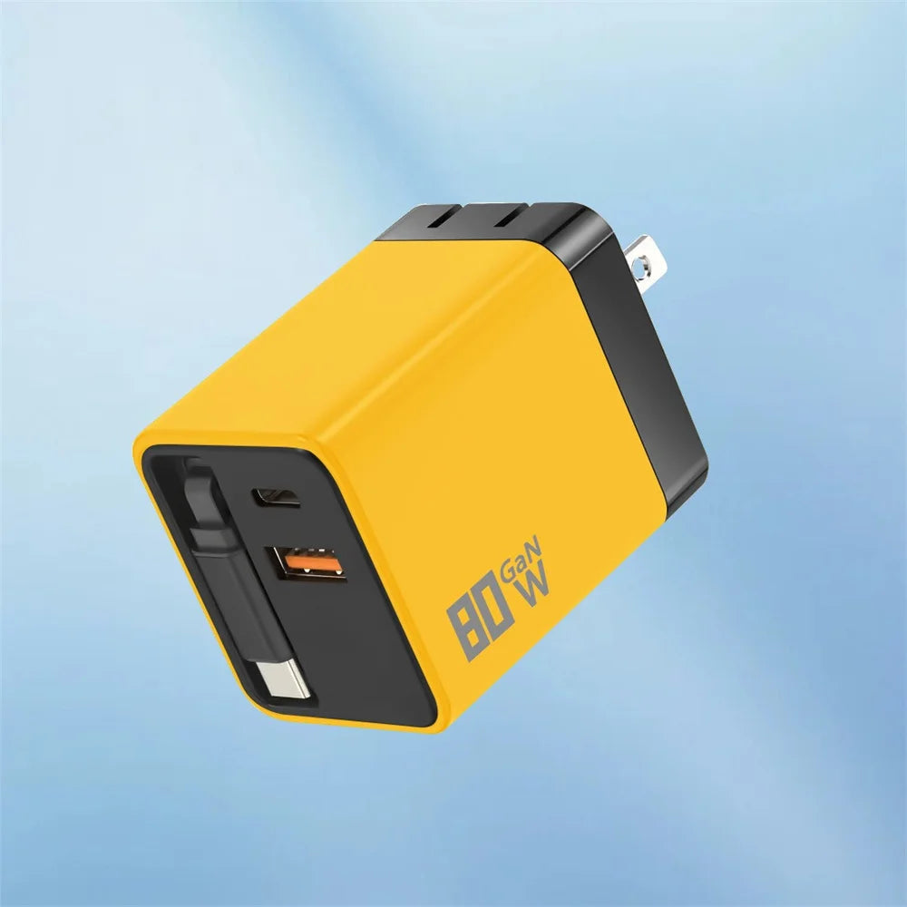 3 in 1 GaN USB Charger 80W Type C Fast Charging Phone Charge Adapter Type C Fast Charging Cable For iPhone Samsung Xiaomi Huawei