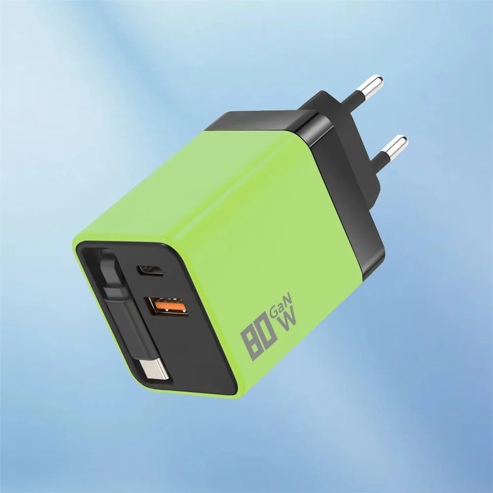 3 in 1 GaN USB Charger 80W Type C Fast Charging Phone Charge Adapter Type C Fast Charging Cable For iPhone Samsung Xiaomi Huawei