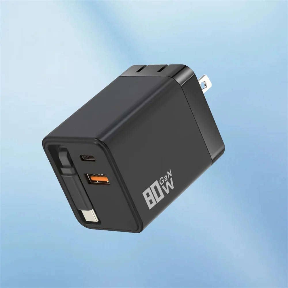 3 in 1 GaN USB Charger 80W Type C Fast Charging Phone Charge Adapter Type C Fast Charging Cable For iPhone Samsung Xiaomi Huawei