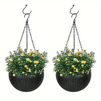 Elegant Polypropylene Self-Watering Hanging Planters with Rattan Design - Easy Drain Plug for Efficient Watering