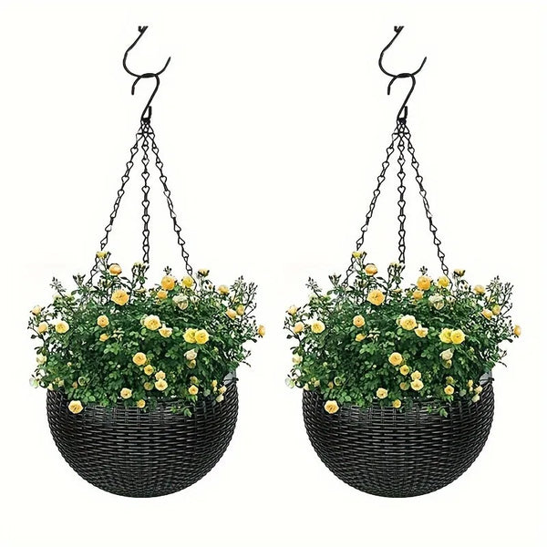 Elegant Polypropylene Self-Watering Hanging Planters with Rattan Design - Easy Drain Plug for Efficient Watering