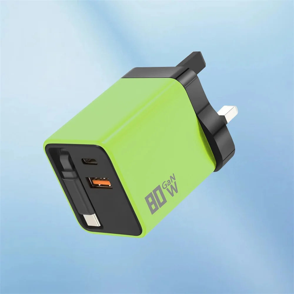 3 in 1 GaN USB Charger 80W Type C Fast Charging Phone Charge Adapter Type C Fast Charging Cable For iPhone Samsung Xiaomi Huawei