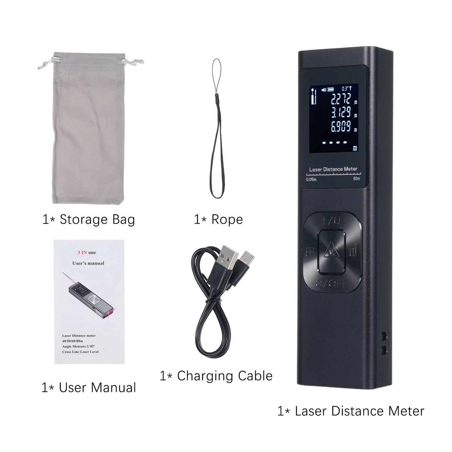 3in1 Laser Distance Meter Angle Measure Cross  Level Electric Angle Sensor with Backlit LCD Screen Distance, Area