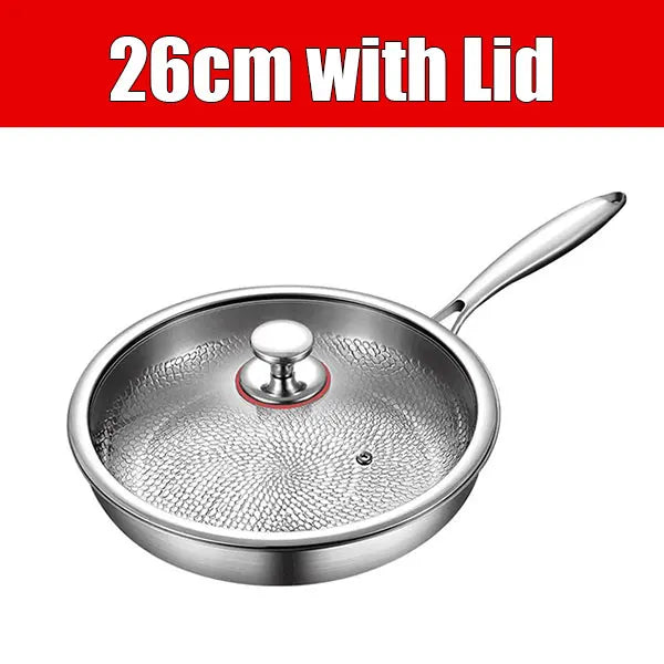 3-layer Stainless Steel Hammered Frying Pan Pro with Lid Professional Chef's pan with Ergonomic Handles Suitable for All Stove