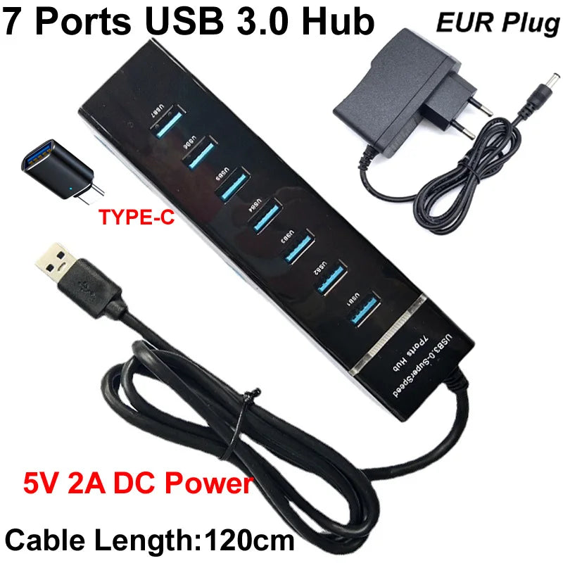 3IN1 120CM 7 Ports USB 3.0 Hub Splitter High Speed Multi Adapter Expander Cable +5V 2A AC DC POWER + USB TO TYPE-C 3.1PLUG