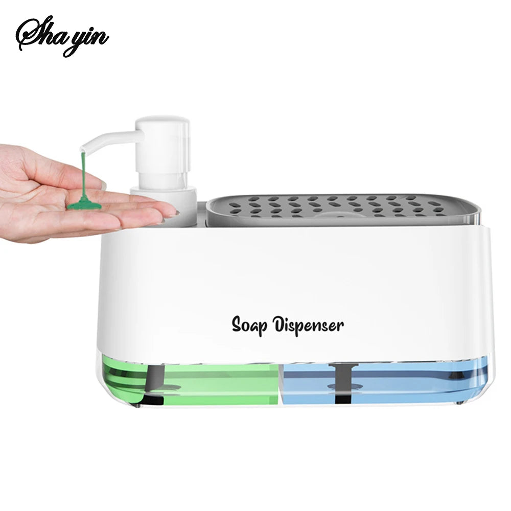 3-in-1 Hand And Dish Soap Dispenser Set with Sponge Holder Dual Countertop Kitchen Sink Soap Pump Organizer