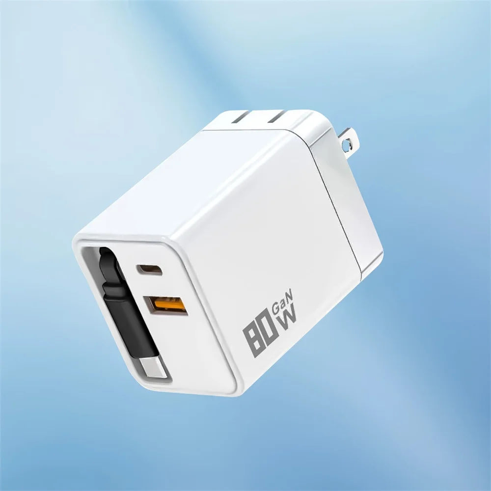 3 in 1 GaN USB Charger 80W Type C Fast Charging Phone Charge Adapter Type C Fast Charging Cable For iPhone Samsung Xiaomi Huawei