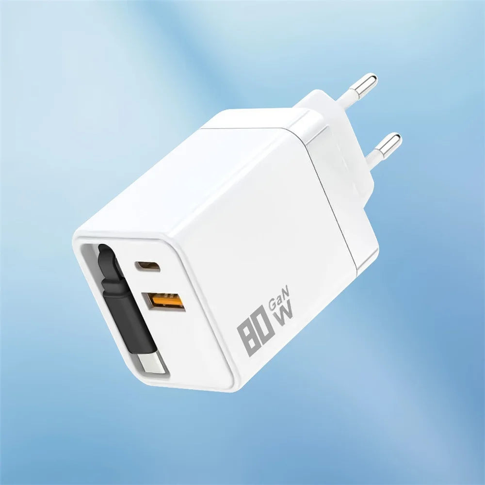 3 in 1 GaN USB Charger 80W Type C Fast Charging Phone Charge Adapter Type C Fast Charging Cable For iPhone Samsung Xiaomi Huawei