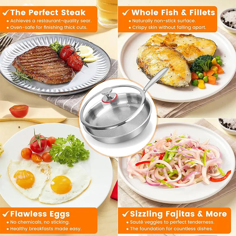 3-layer Stainless Steel Hammered Frying Pan Pro with Lid Professional Chef's pan with Ergonomic Handles Suitable for All Stove